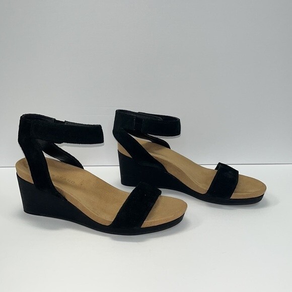 Lucky Brand Kanoa Sandals 7.5 Womens Black Tan Wedge Strappy Leather Open Toe - Picture 5 of 15